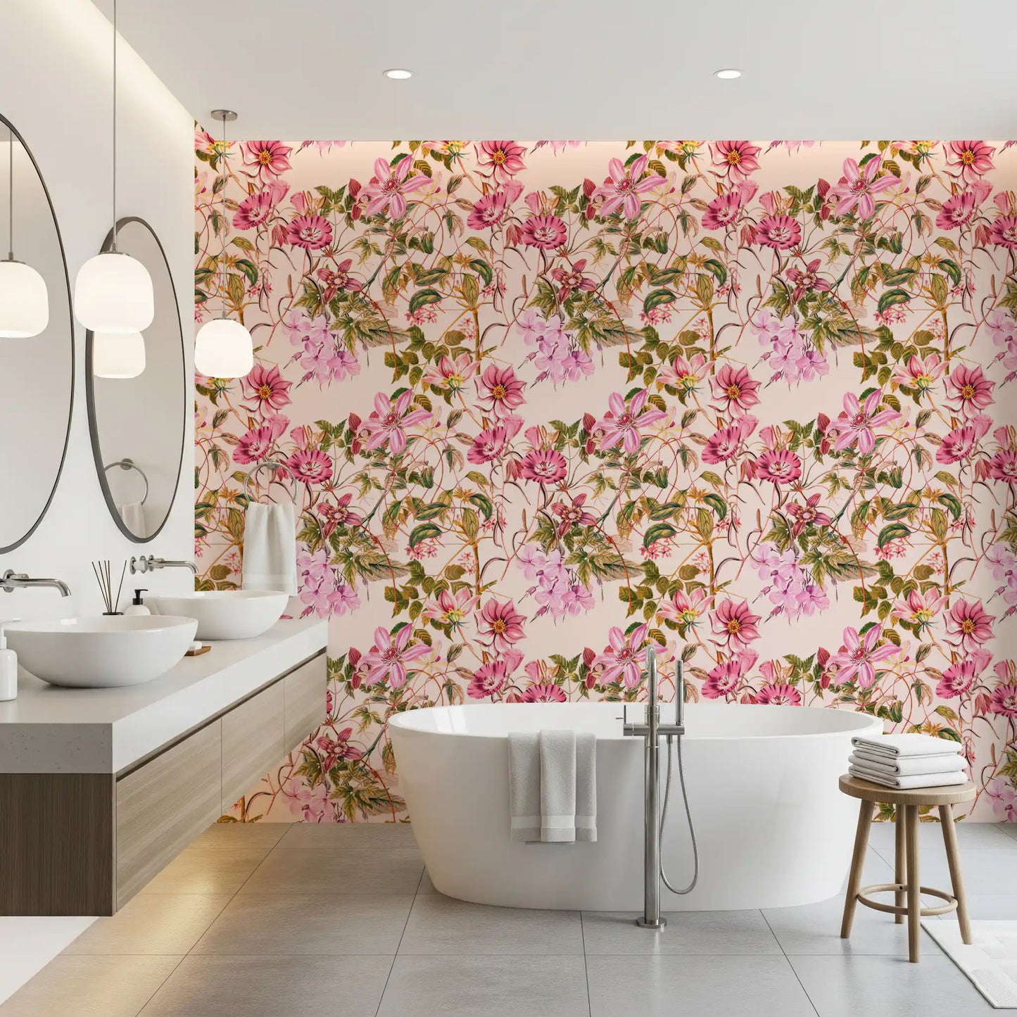 Pink botanical wallpaper with Floral Elegance flowers on pale background