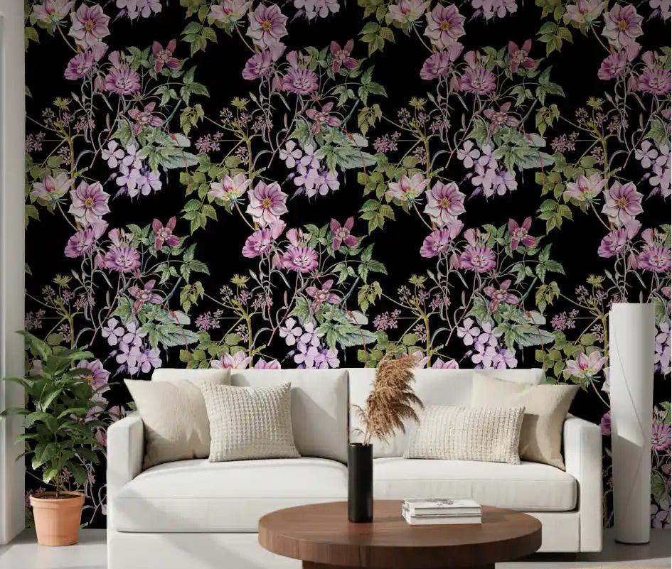 Hallway Victorian Vine wallpaper with purple blooms and dark vine art