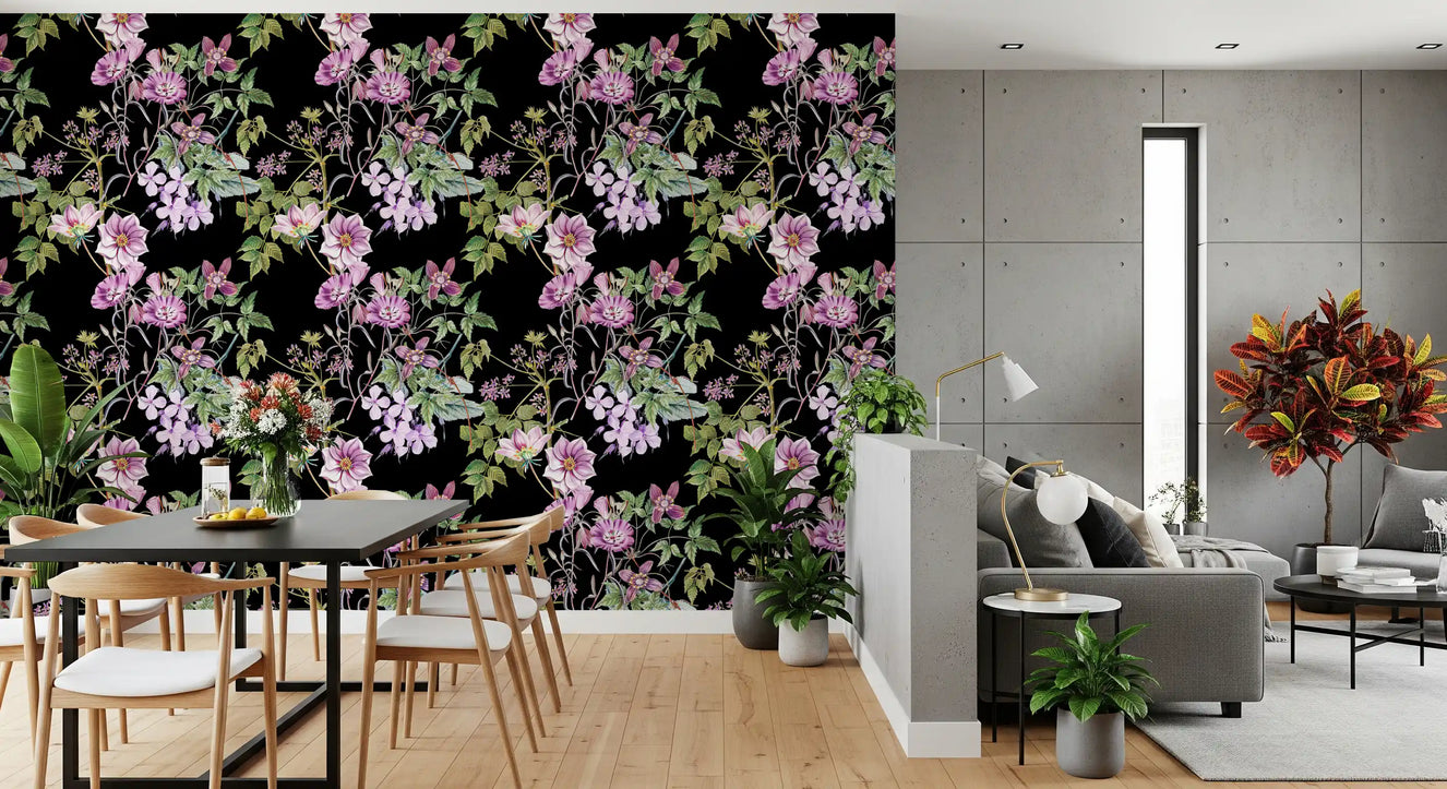 Dining area setting shows Vine Embrace wallpaper with floral black contrast