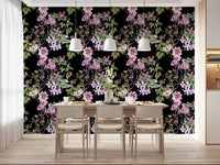 Dining room styled with Victorian Vine wallpaper and detailed flower vines
