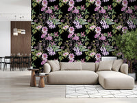 Dark floral wallpaper with Victorian Embrace vines and garden-style detail