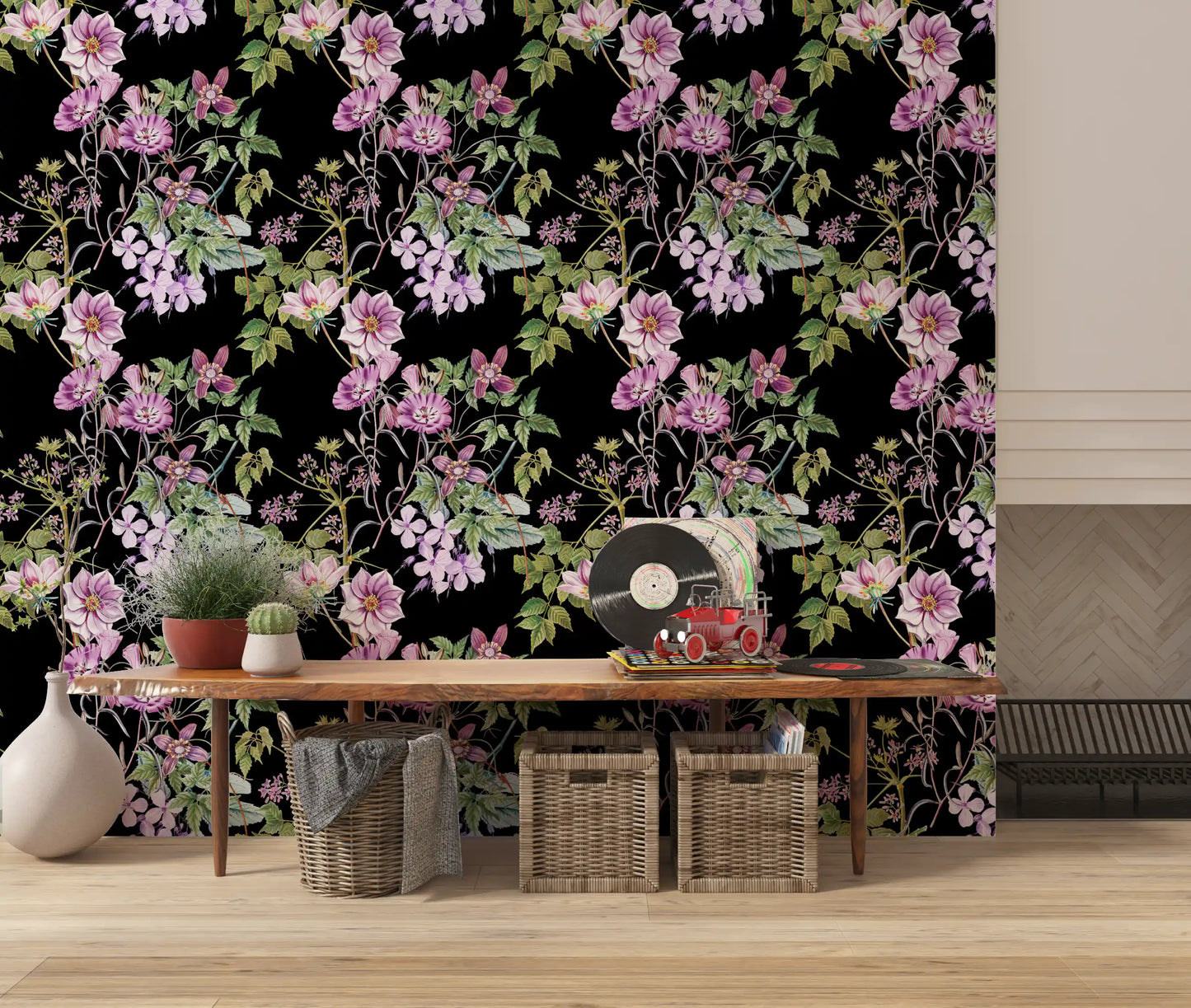 Home office Vine Embrace wallpaper with green leaves and purple floral art