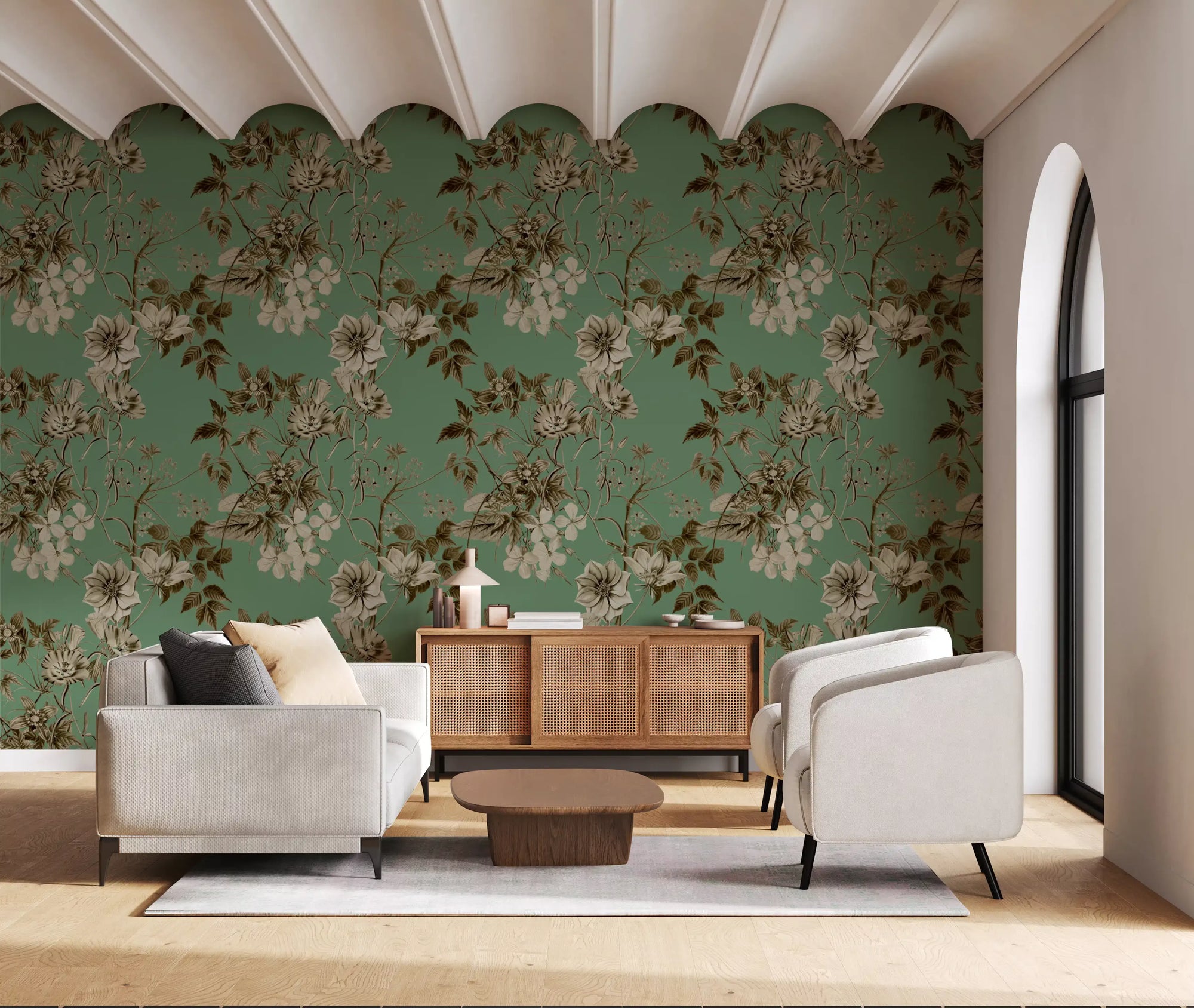 Elegancia botánica en tonos sepia y jade. Wallpaper⁠
