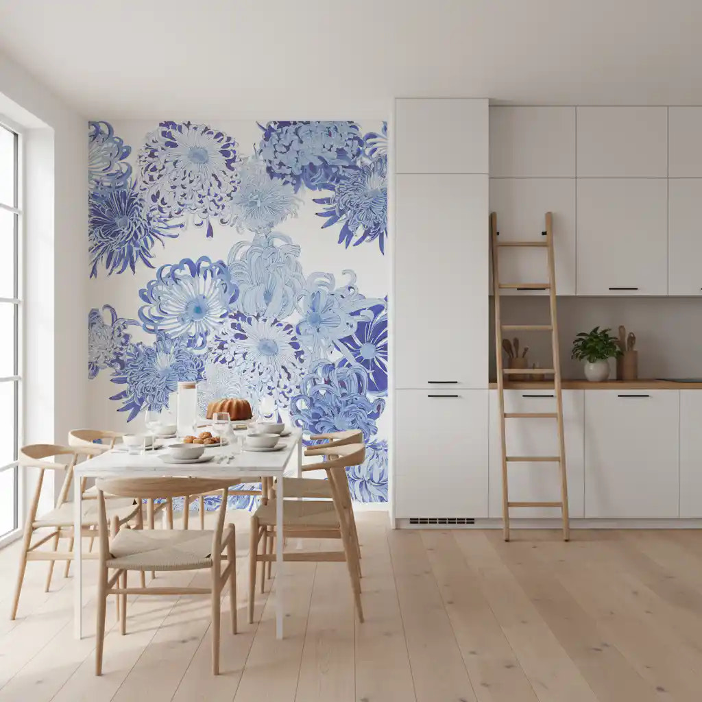 Blue Chrysanthemum Cascade Wall Mural