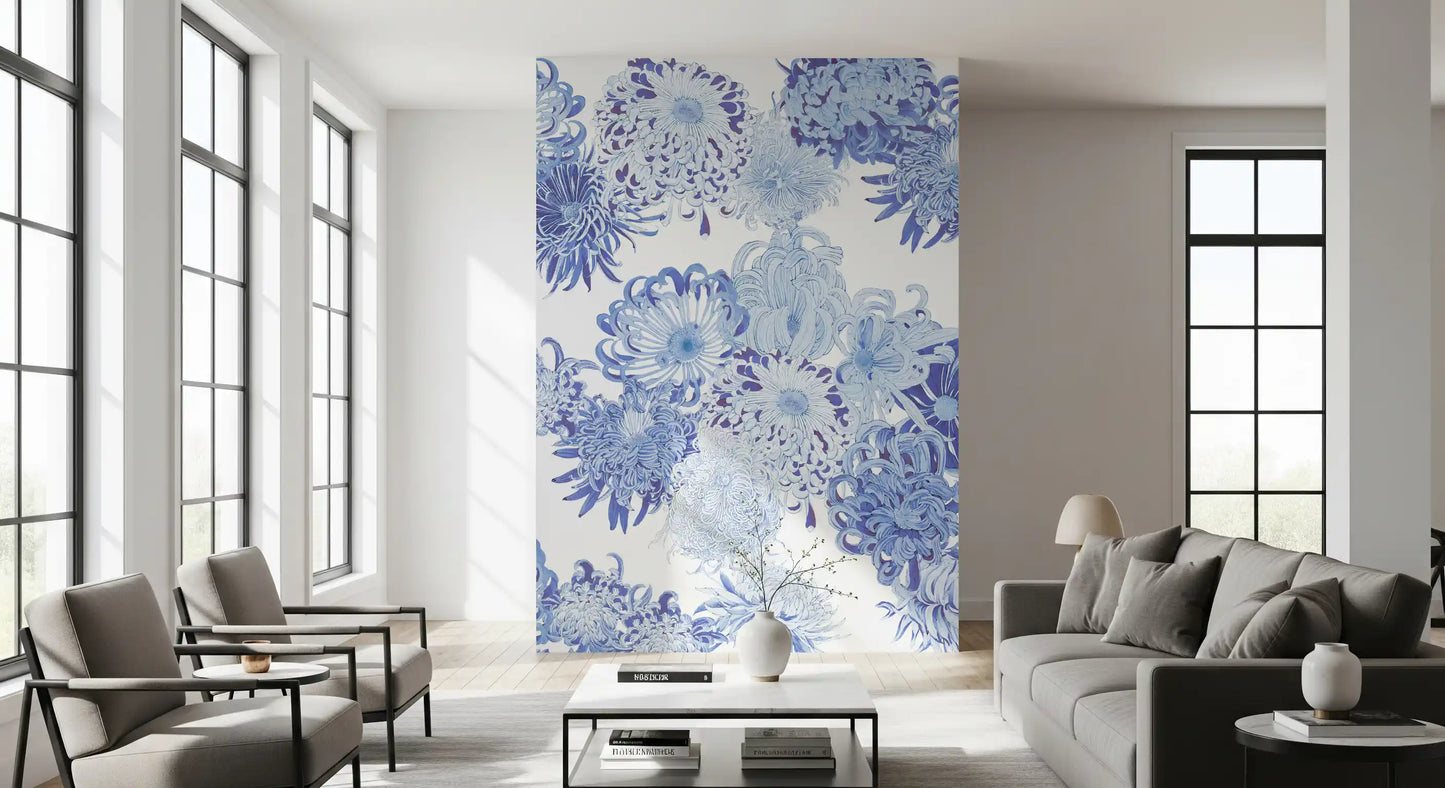 Blue Chrysanthemum Cascade Wall Mural
