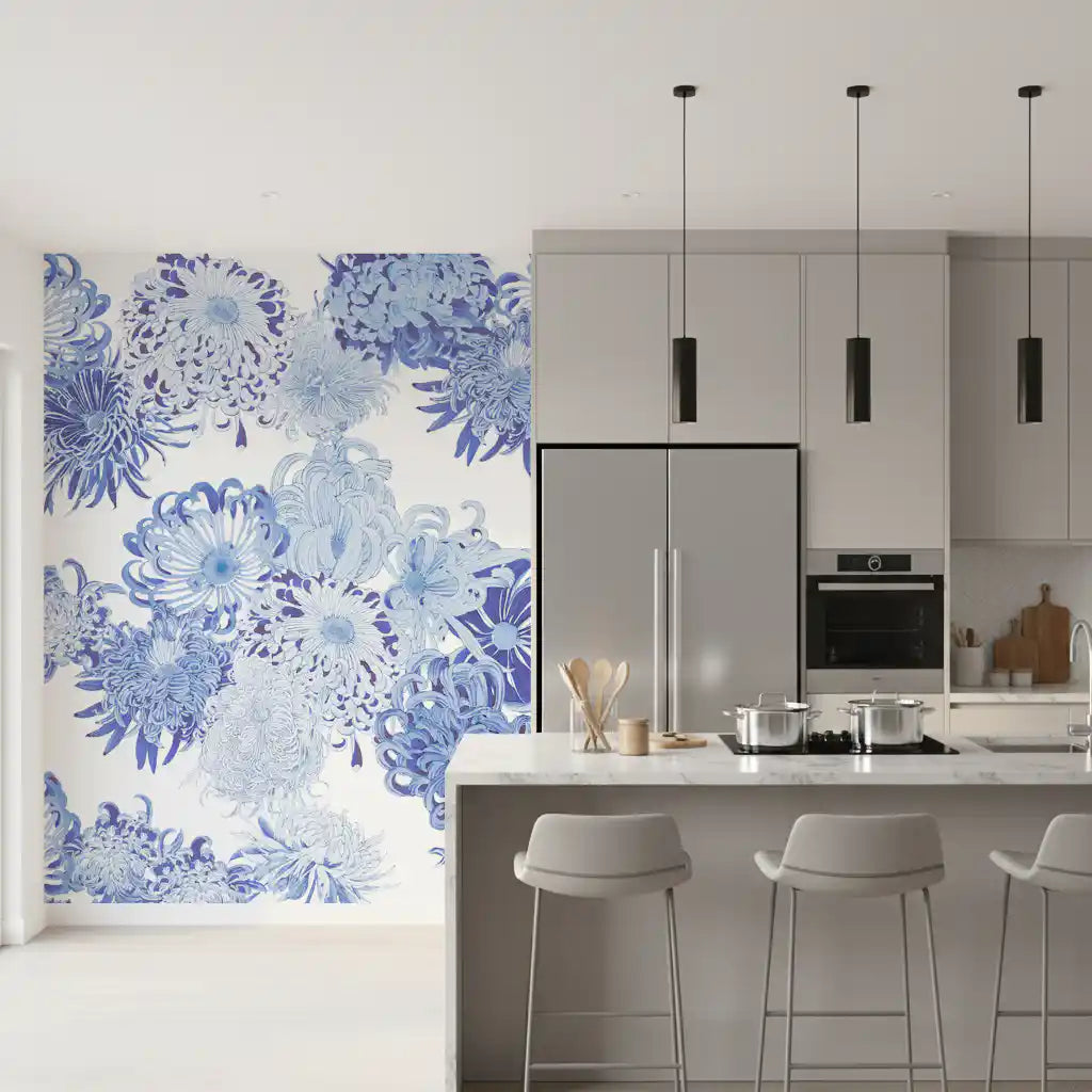 Blue Chrysanthemum Cascade Wall Mural