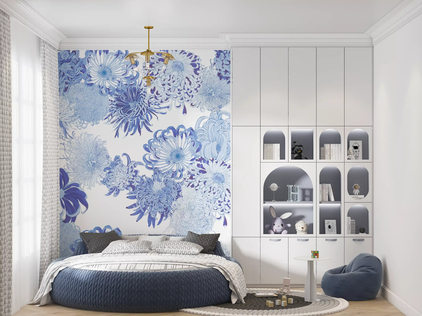 Blue Chrysanthemum Cascade Wall Mural
