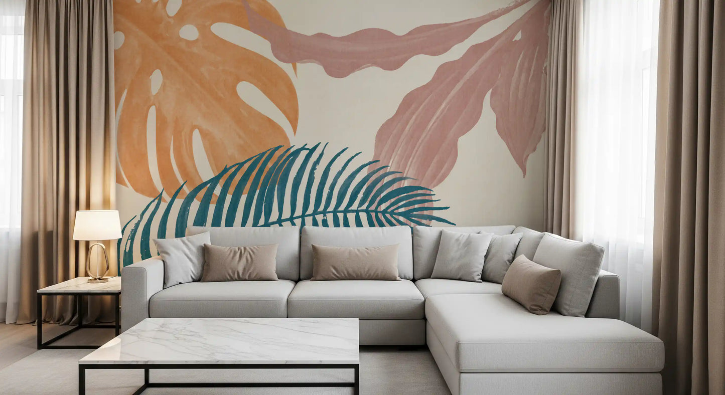living room gains a calm leafy feature with the Botanical Flow wall mural.