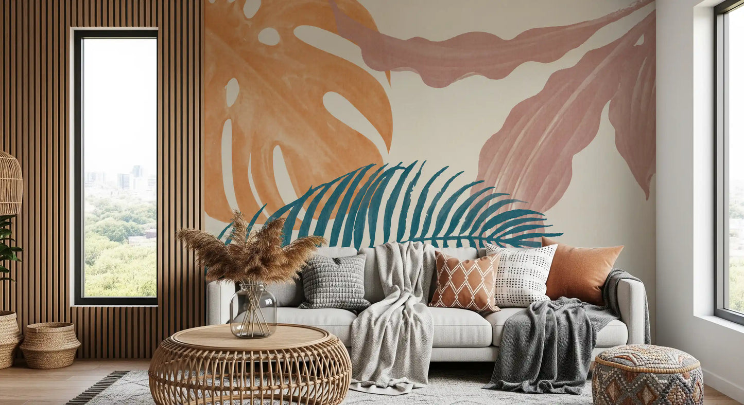 Cream background lifts the warm leaf tones of the Subtle Botanical Flow wall mural.