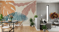 Living and kitchen area reads botanical and calm with the Flow wall mural overhead.
