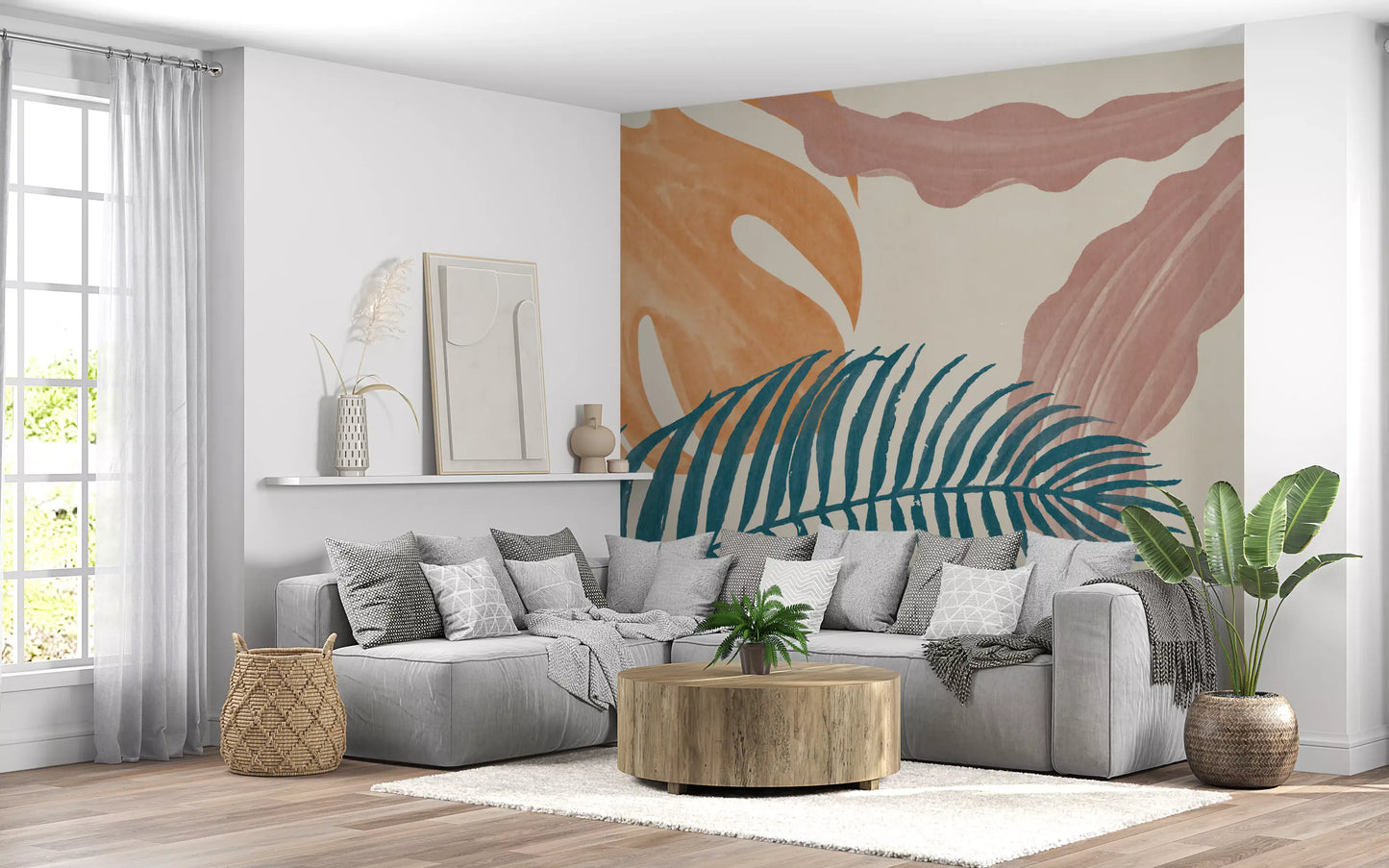 Living room space reads relaxed and warm under the Subtle Botanical Flow wall mural.