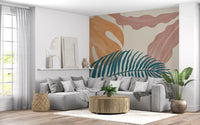Living room space reads relaxed and warm under the Subtle Botanical Flow wall mural.