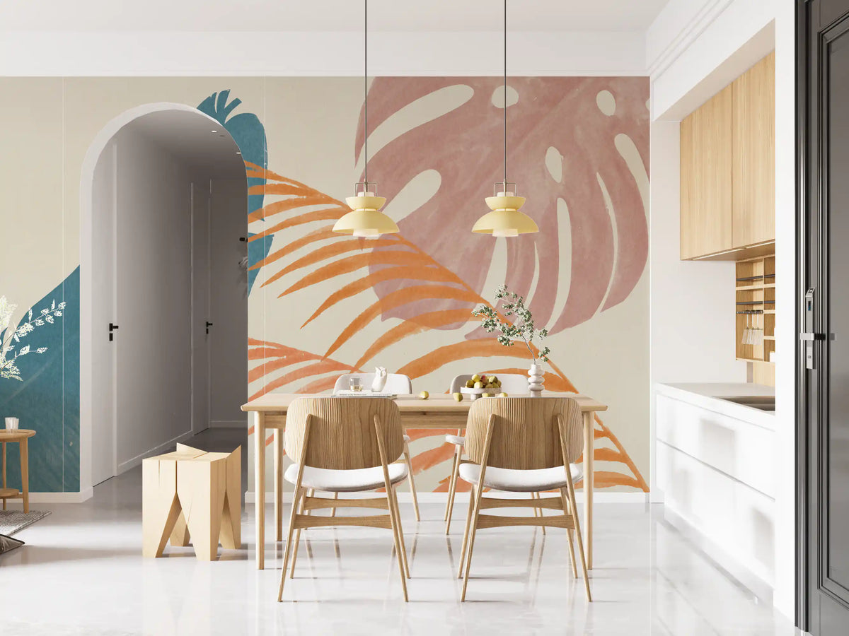Mid-Century Foliage Flow wall mural lifts the dining room with mauve and rust leaves.