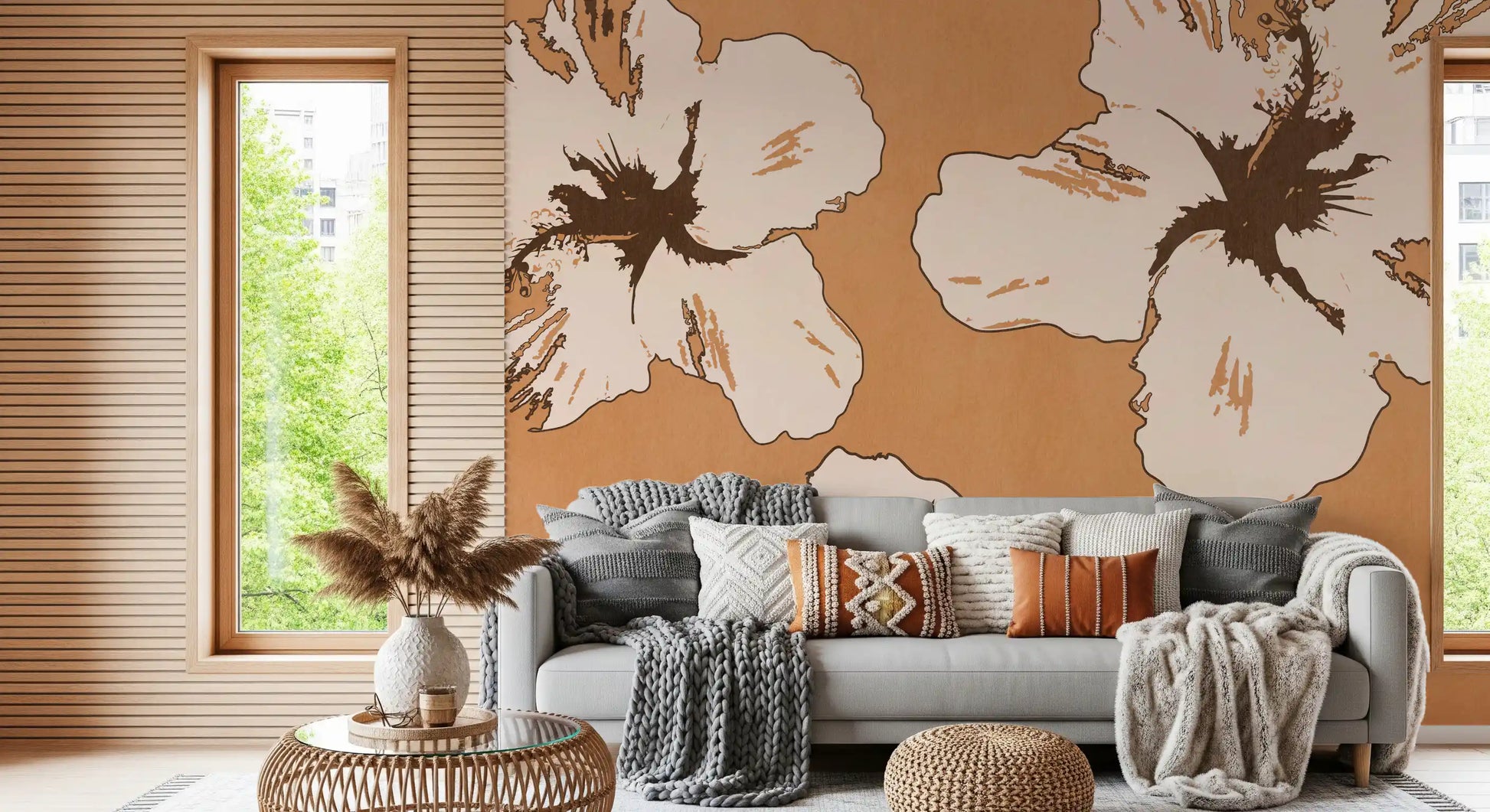 Warm Mix of Hibiscus wall mural shows oversized blooms in tan and cream tones.