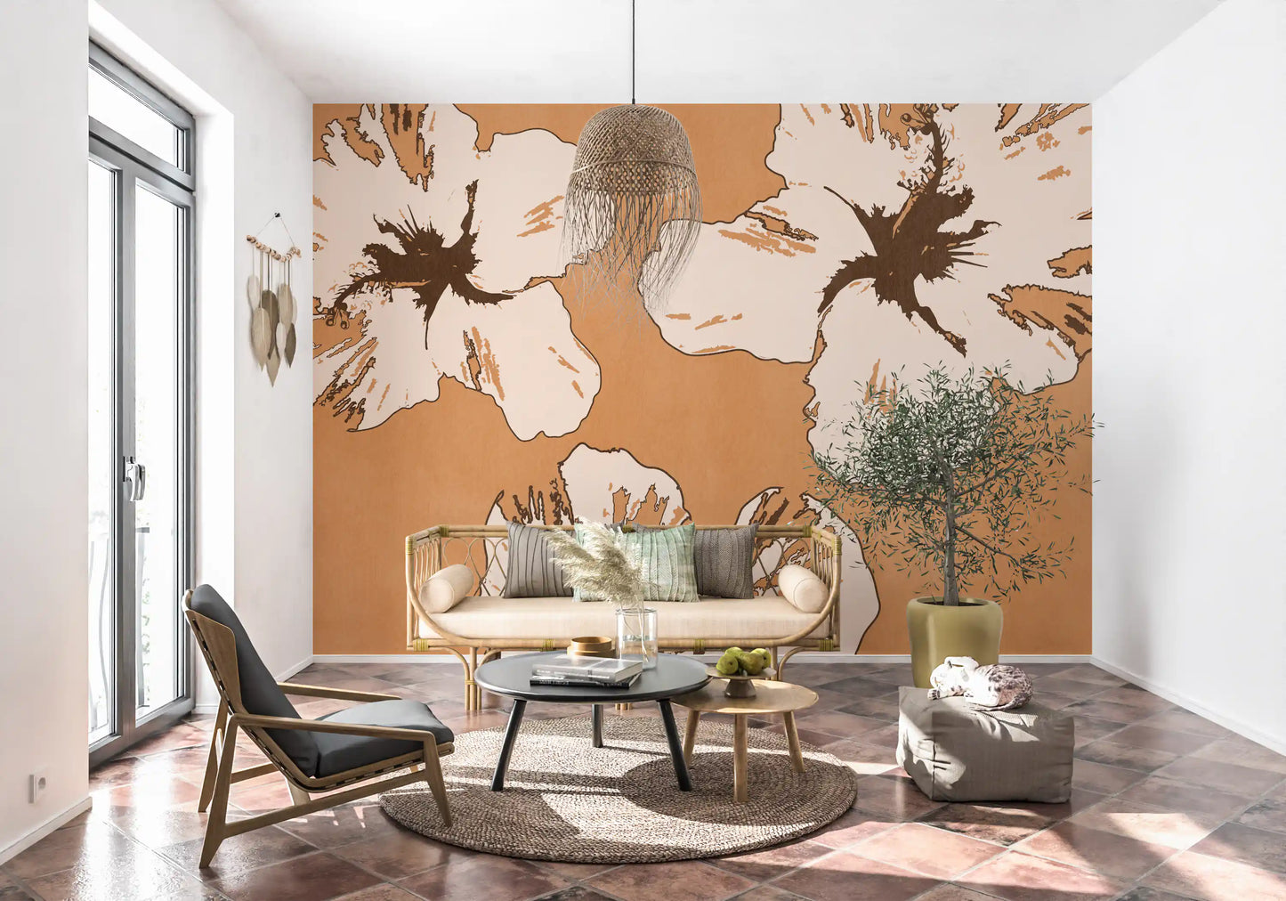 The Warm Mix of Hibiscus wall mural gives the Living room a botanical focus.