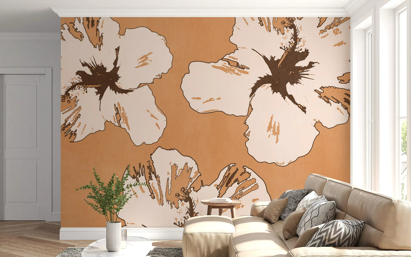 Three large open flowers spread across the Warm Mix of Hibiscus wall mural.