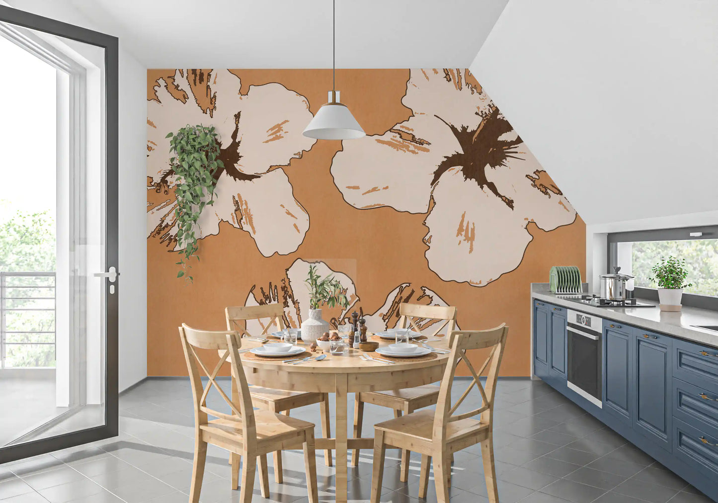 Tan backdrop turns the kitchen-dining area into a hibiscus wall mural feature.