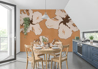 Tan backdrop turns the kitchen-dining area into a hibiscus wall mural feature.