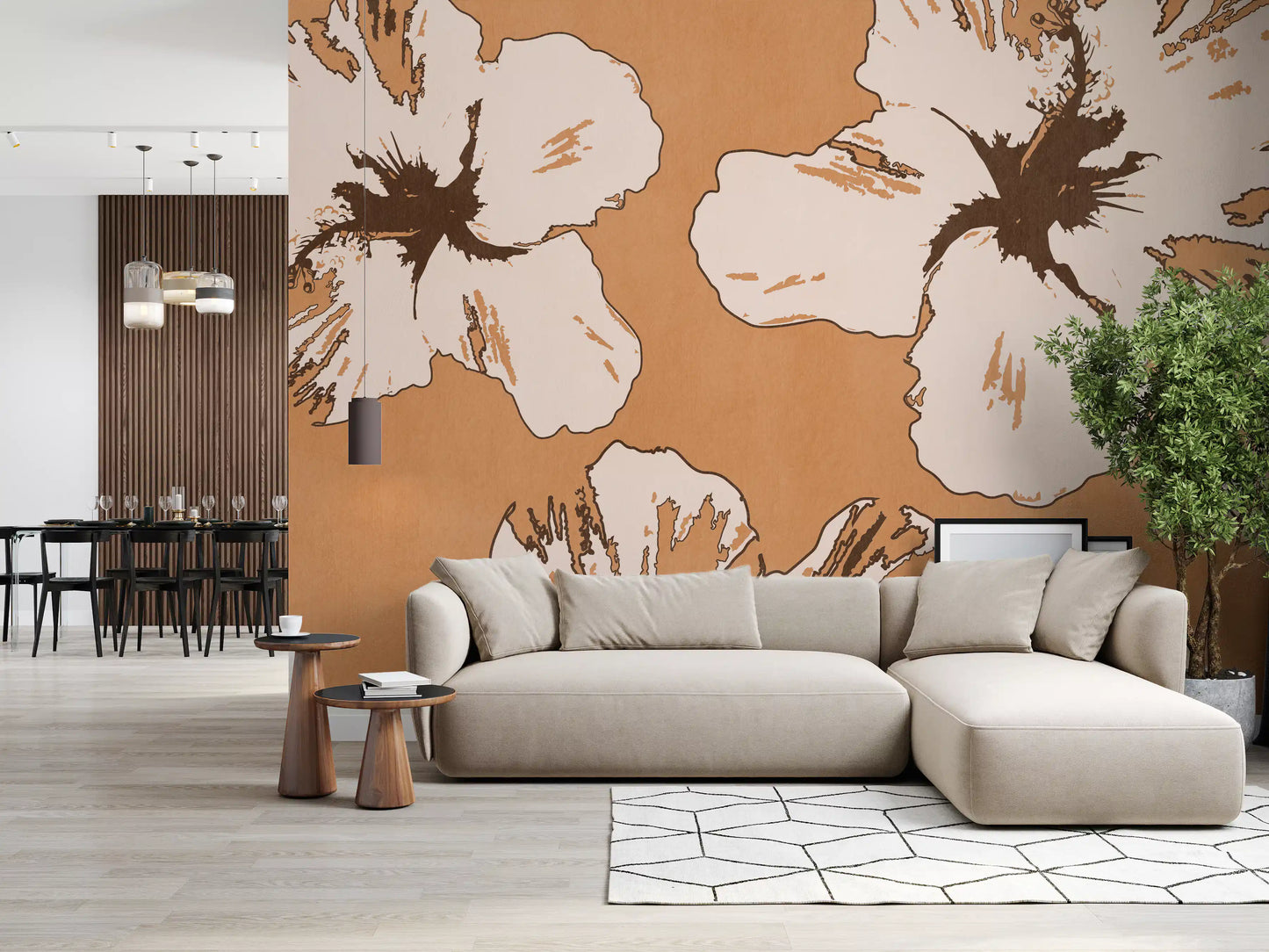 Ochre backdrop pairs with painterly petals on this Warm Mix of Hibiscus wall mural.