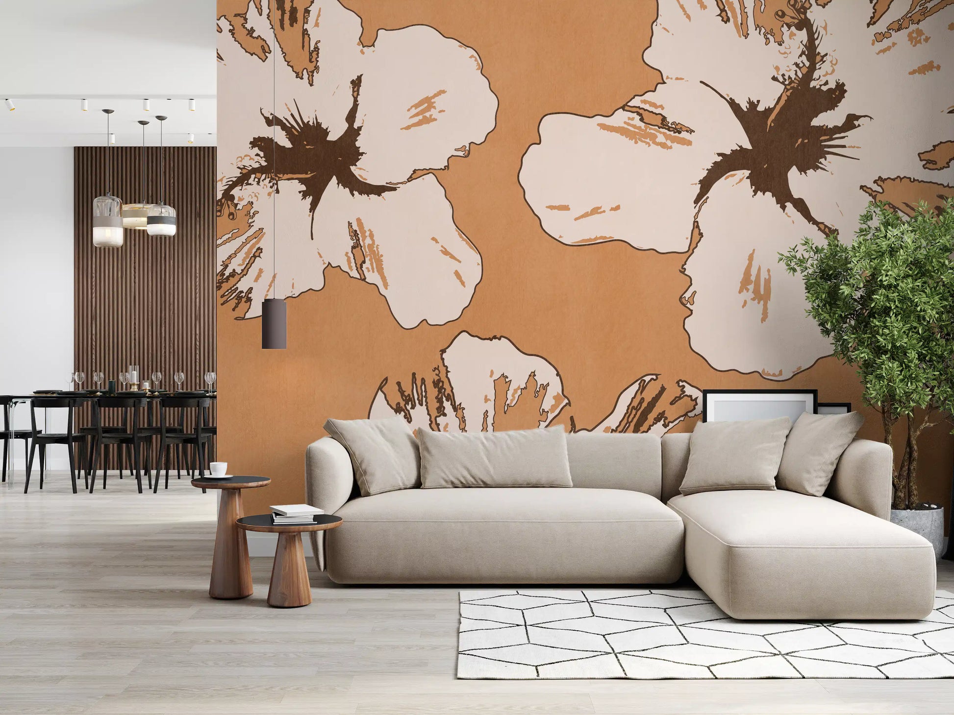 Ochre backdrop pairs with painterly petals on this Warm Mix of Hibiscus wall mural.