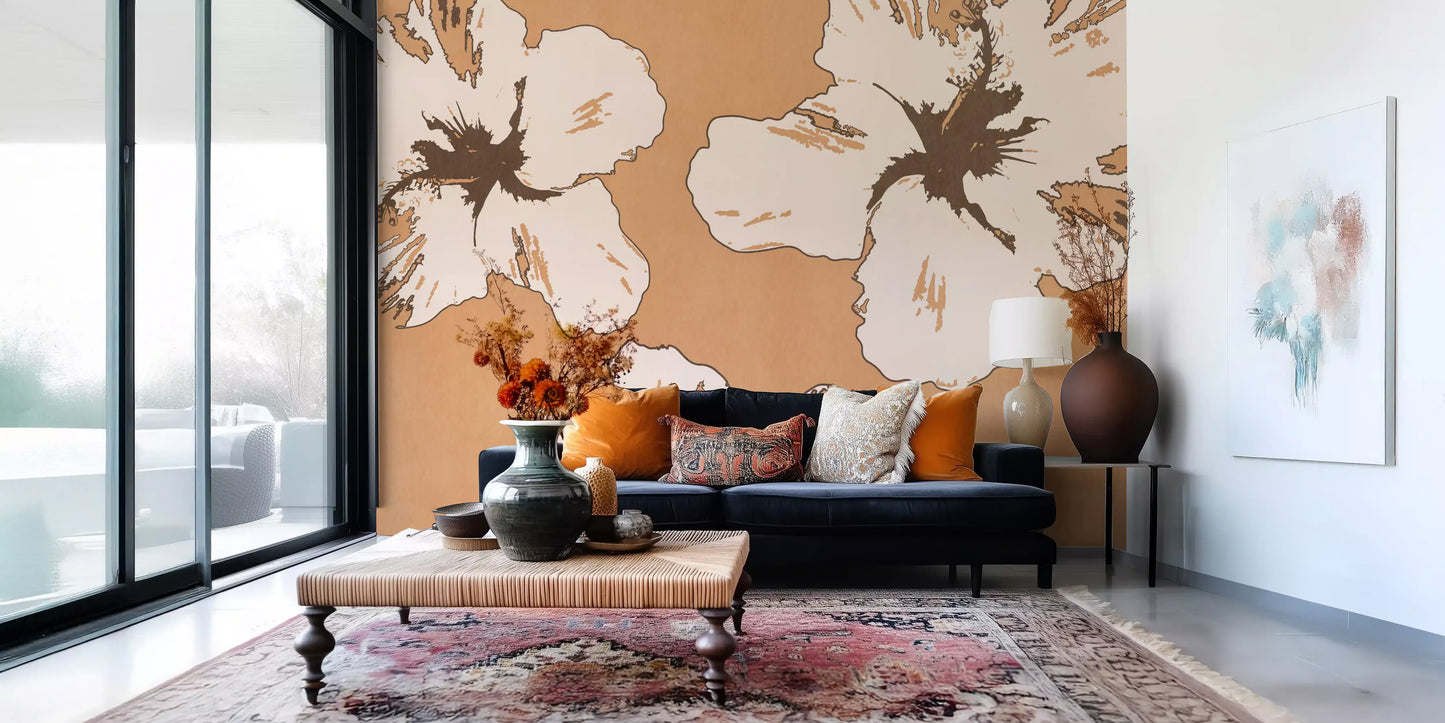 Creamy hibiscus shapes fill the Living room with this wall mural backdrop.