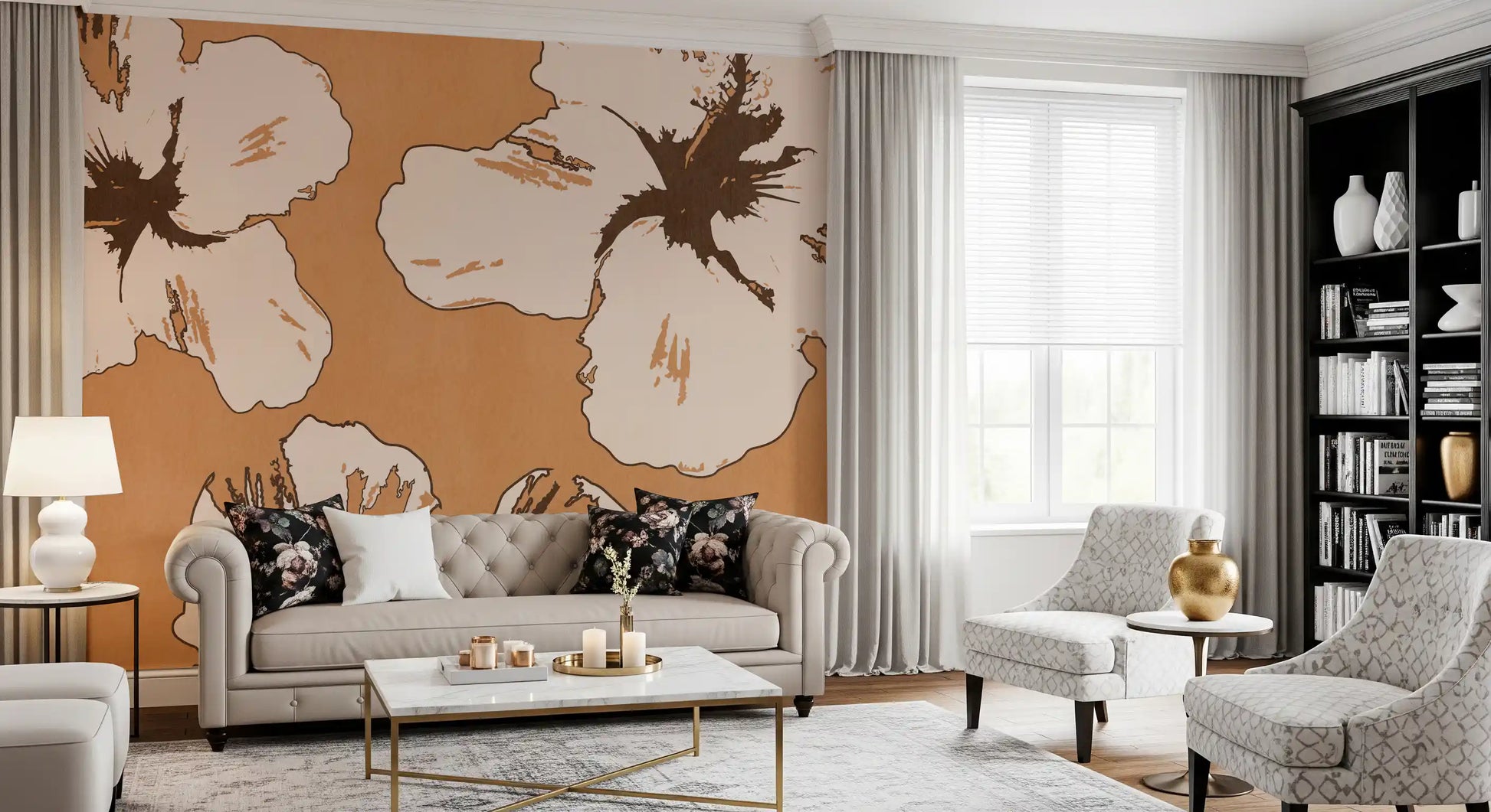 Open hibiscus blooms back the living room as a Warm Mix of Hibiscus wall mural.