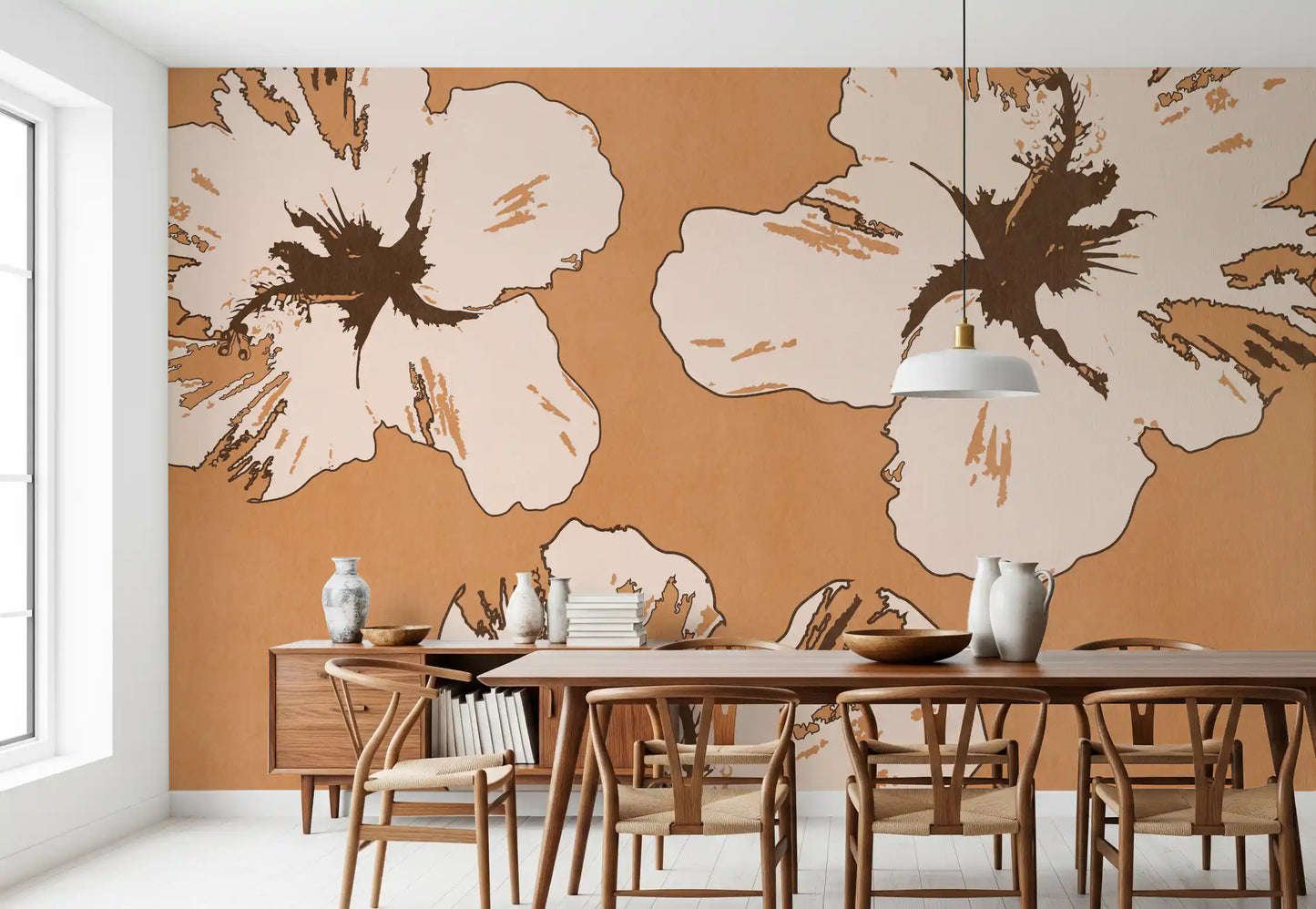 Behind the Dining room, the Warm Mix of Hibiscus wall mural sets an earthy tone.