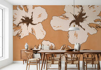 Behind the Dining room, the Warm Mix of Hibiscus wall mural sets an earthy tone.