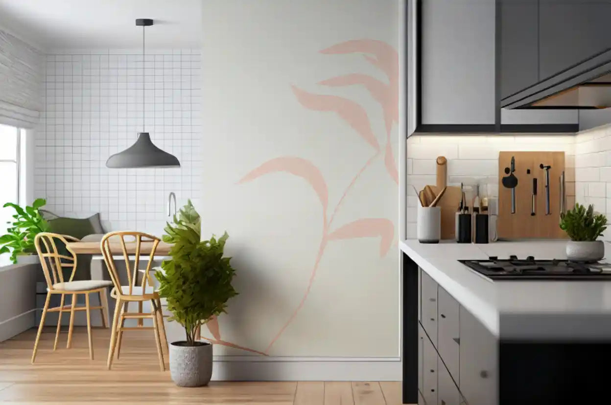 Kitchen scene framed by cream and leafy strokes in this Ethereal Fronds wall mural.
