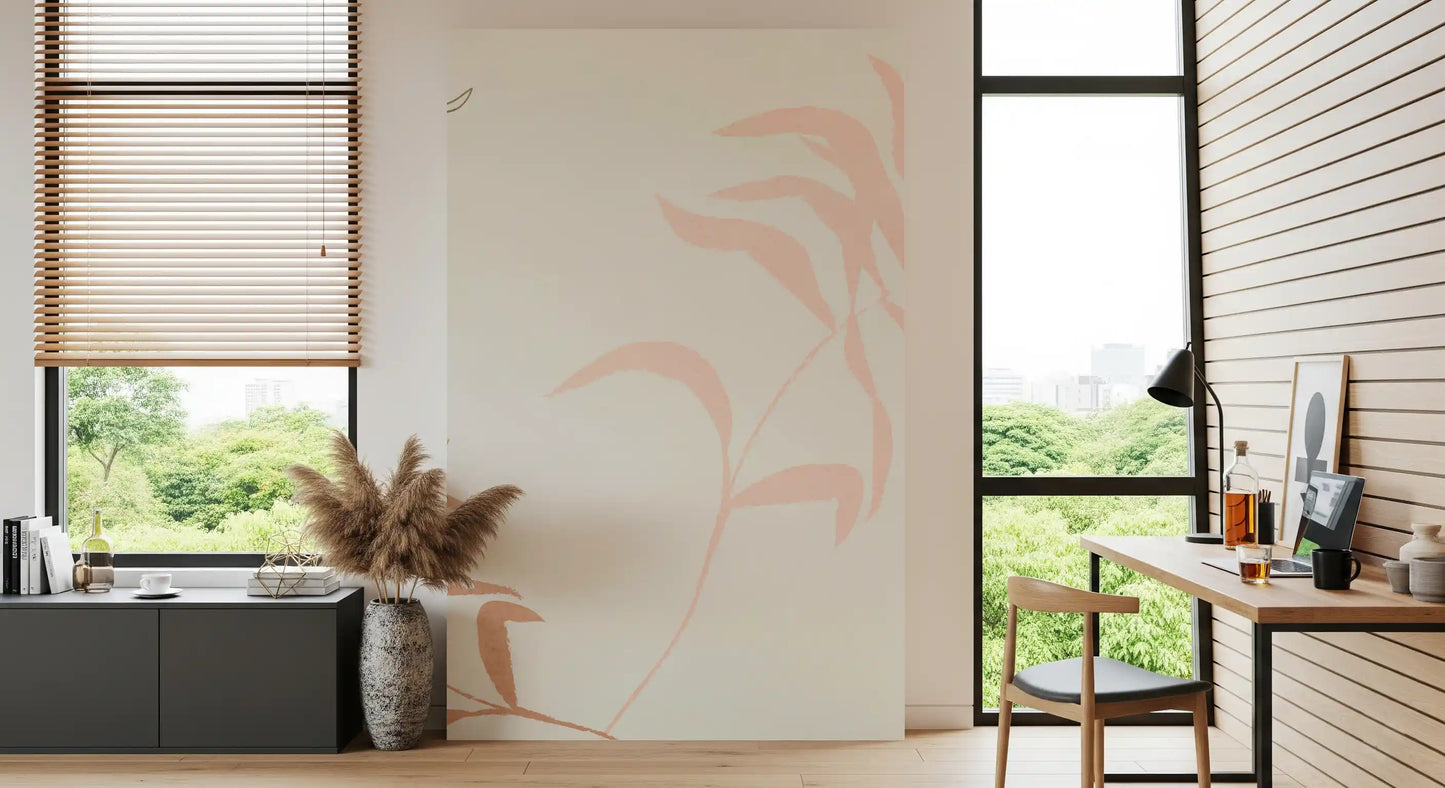 Home office corner holds blush leaves on the Ethereal Fronds wall mural.