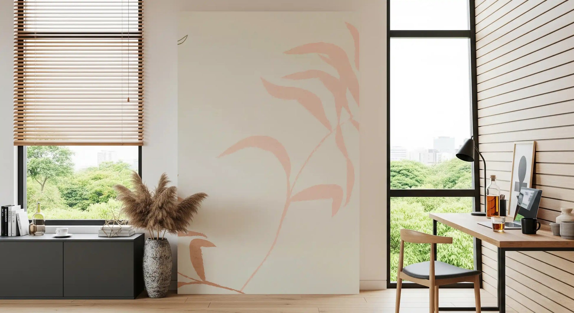 Home office corner holds blush leaves on the Ethereal Fronds wall mural.