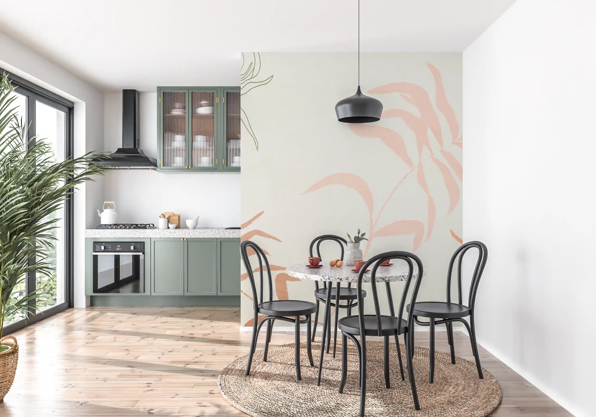 Two leaf forms, painted and outlined, share the surface in this Ethereal Fronds wall mural.
