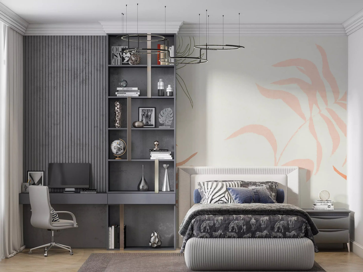 Coral foliage moves across a kitchen-Bedroom area, Ethereal Fronds wall mural.