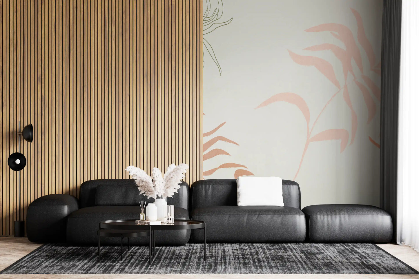 Coral palm leaves curve from corner toward center on the Ethereal Fronds wall mural.