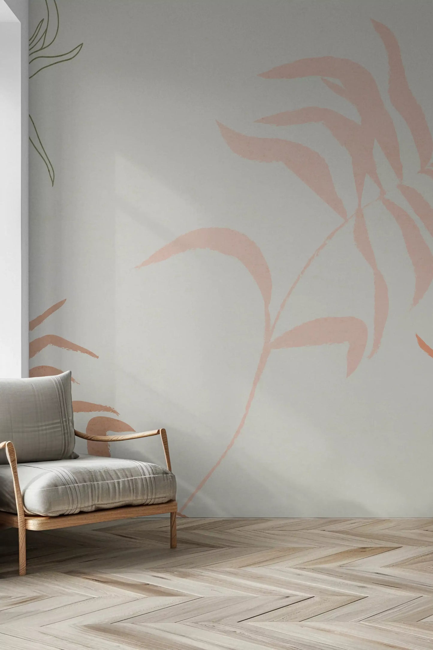 Painterly fronds in peach, rust, and olive sweep the Ethereal Fronds wall mural.