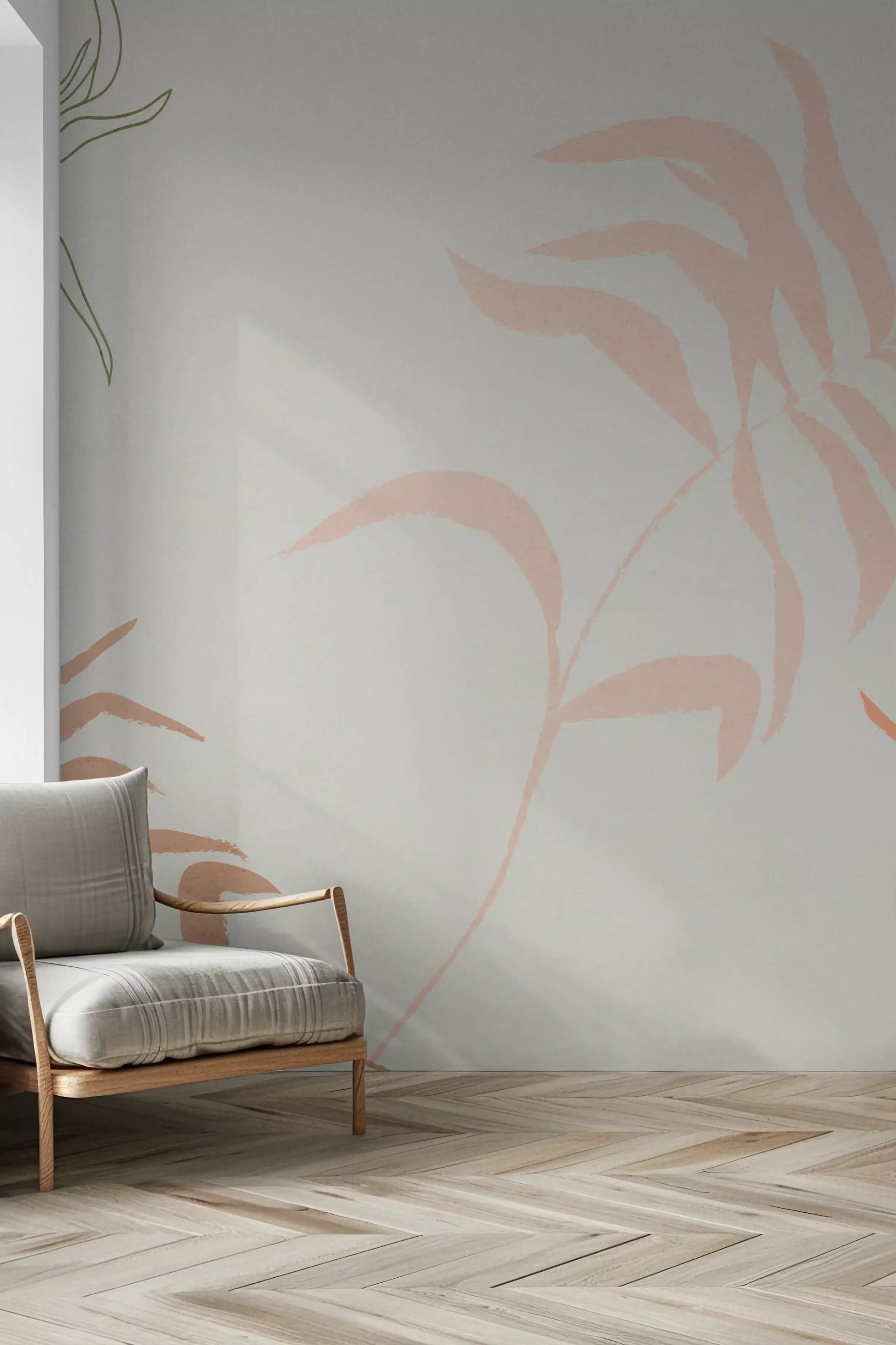Painterly fronds in peach, rust, and olive sweep the Ethereal Fronds wall mural.