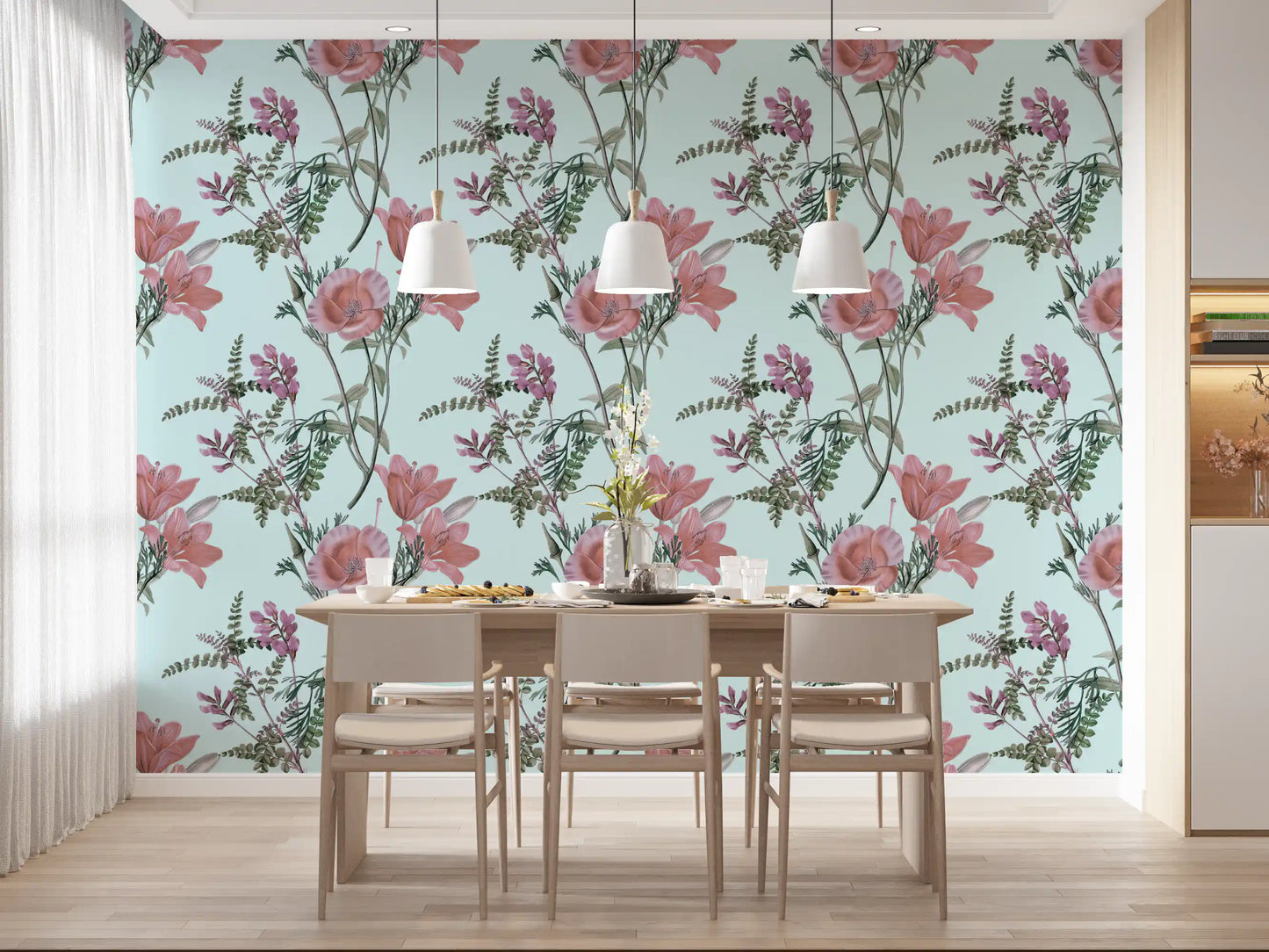 Dining room showing Blooming Serenity wallpaper in pastel florals