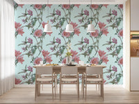 Dining room showing Blooming Serenity wallpaper in pastel florals