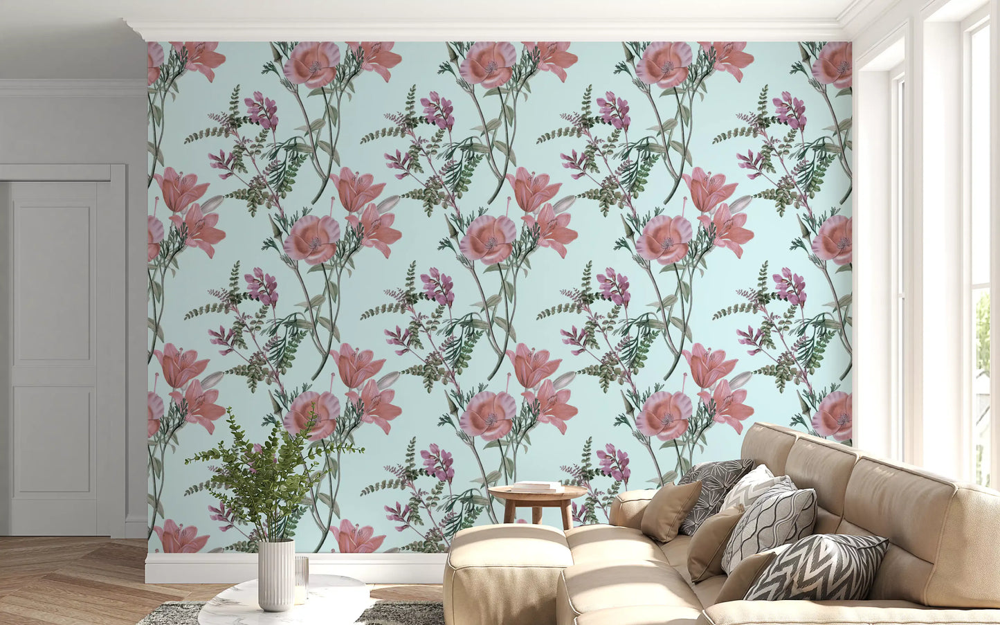 Soft blue Vintage wallpaper with blooming flower illustration