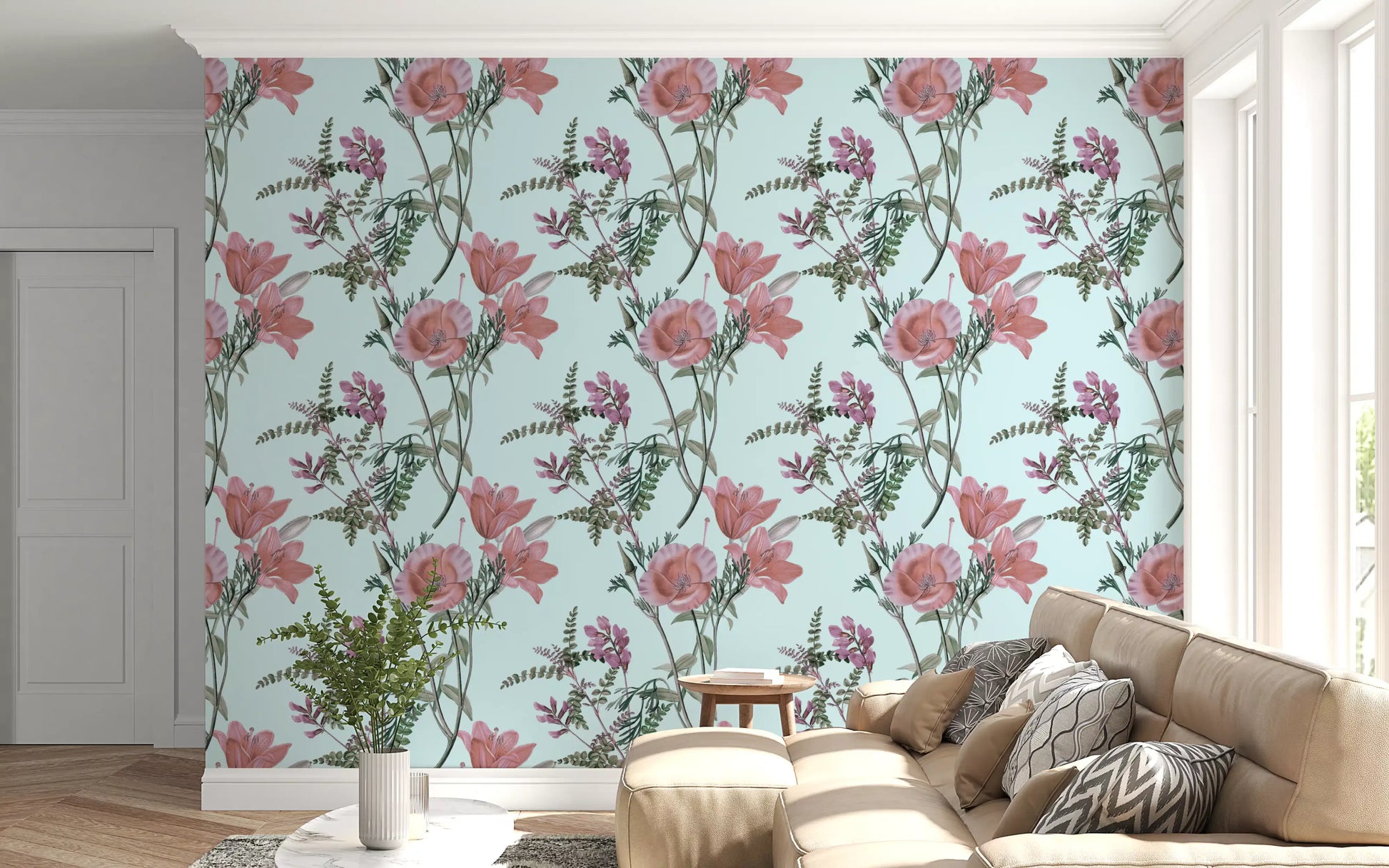 Soft blue Vintage wallpaper with blooming flower illustration