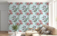 Soft blue Vintage wallpaper with blooming flower illustration