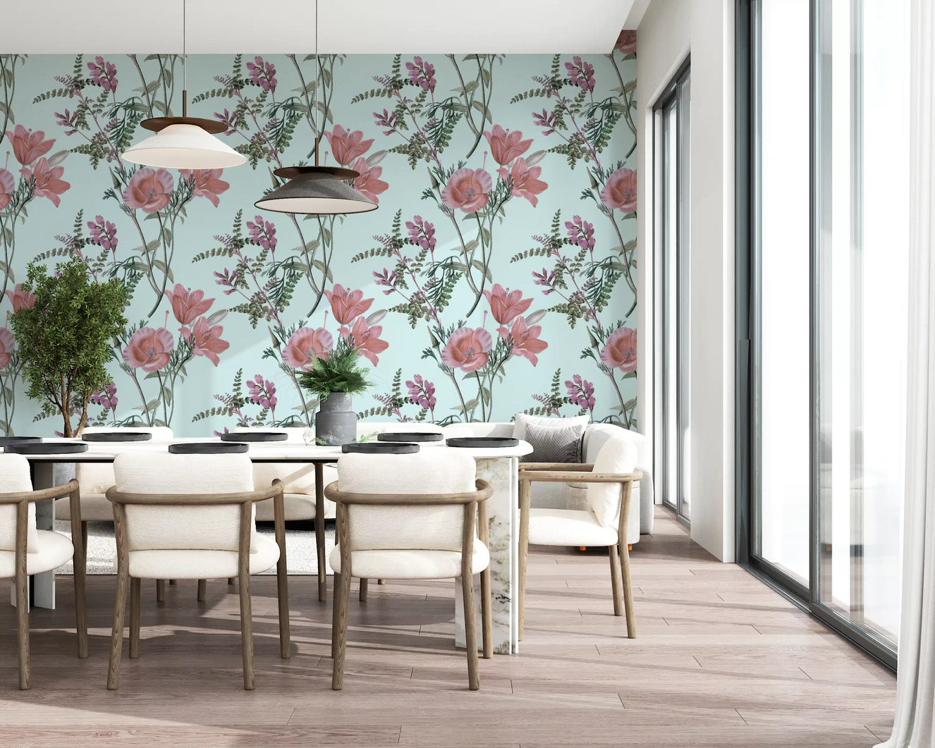 Dining area styled using Vintage wallpaper with blooming botanical detail