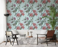 Home office featuring Blooming Serenity wallpaper on pale blue ground