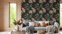Traditional Botanical wallpaper featuring peach flowers and green leaves