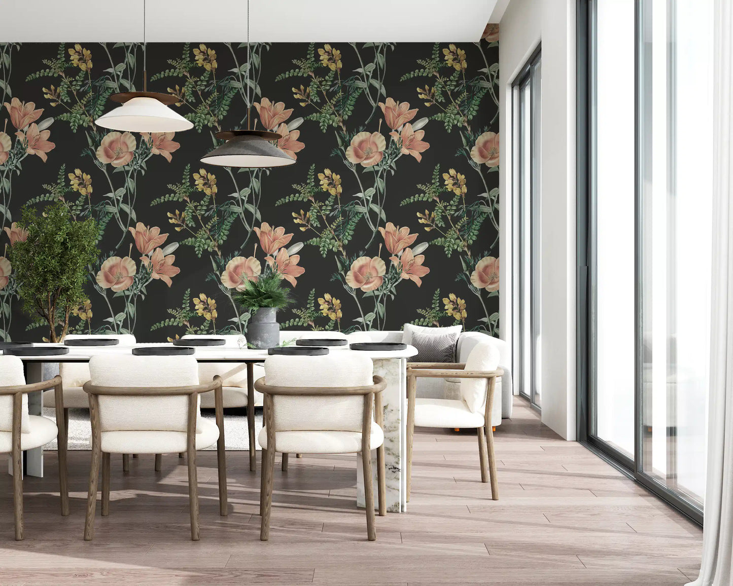 Dining area space using Traditional Botanical wallpaper with floral design