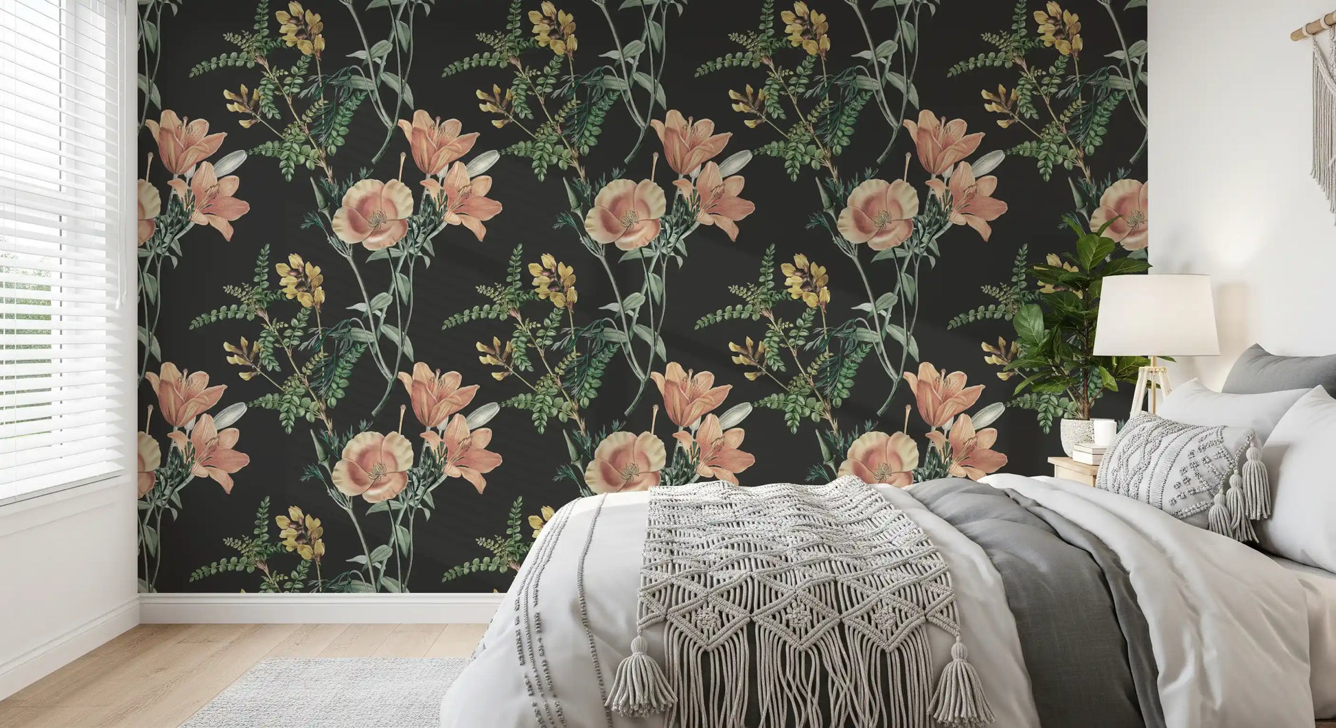Bedroom wall with Traditional Botanical wallpaper showing vintage flower art