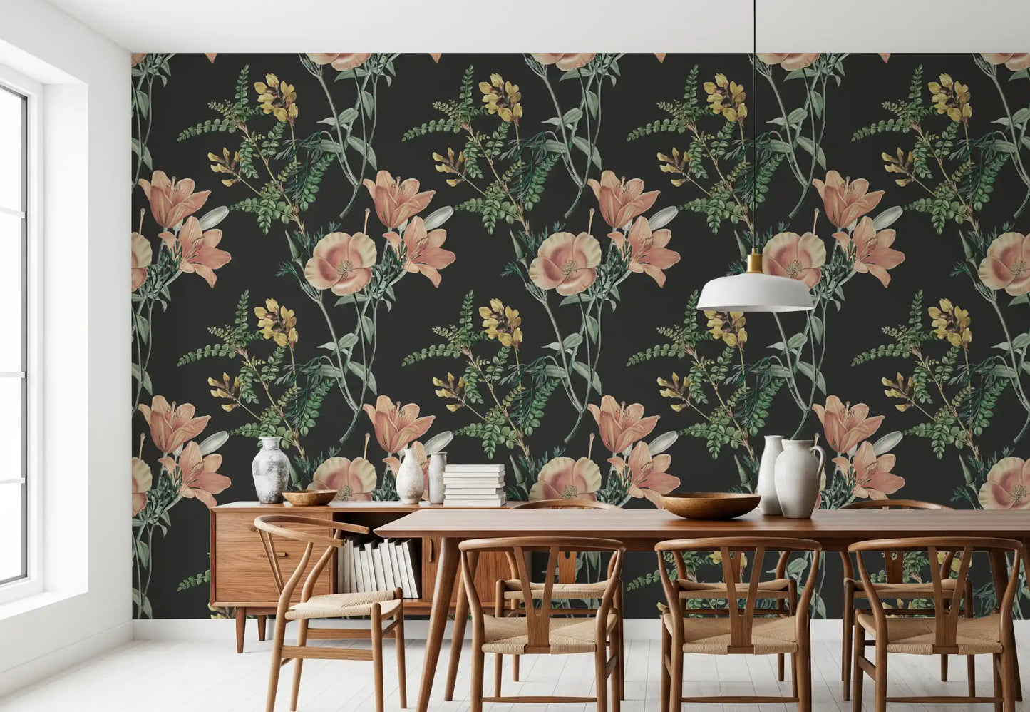 Traditional Botanical wallpaper with dark background and detailed flowers