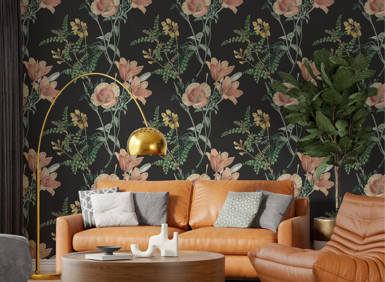 Living room styled with Traditional Botanical wallpaper on dark floral base