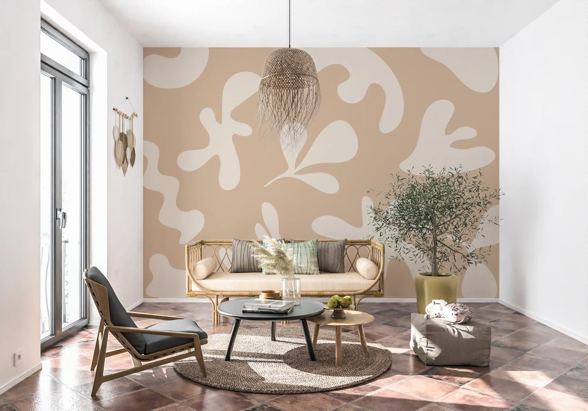 Organic Flow in Beige wall mural with bold organic shapes in beige and cream