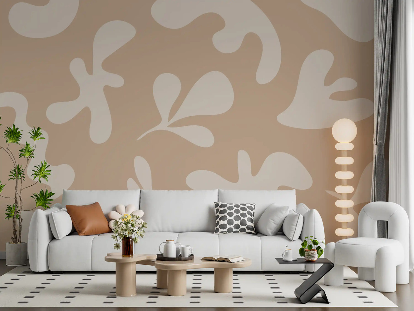 Living room with Organic Flow in Beige wall mural in soft abstract beige shapes